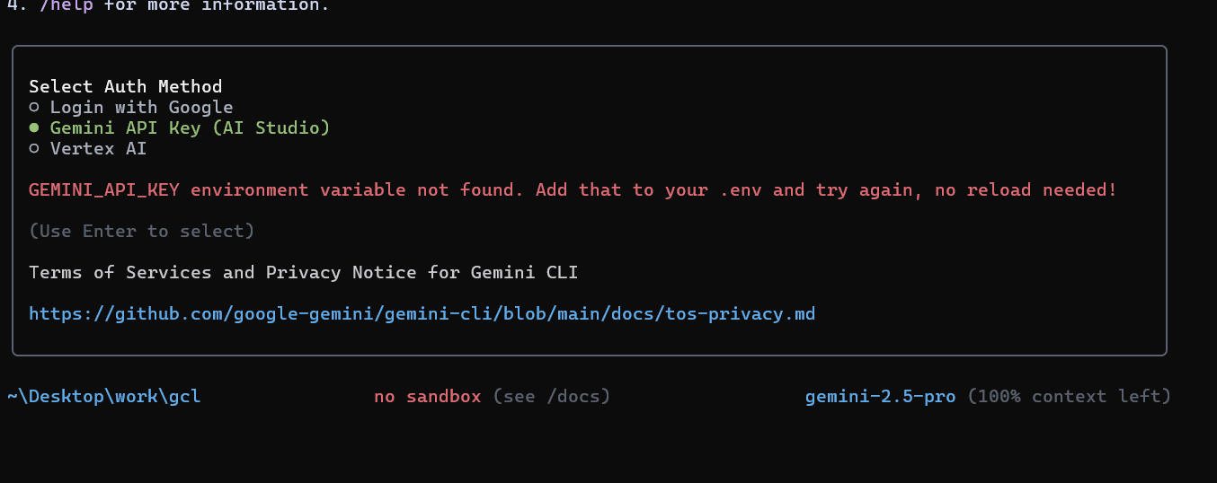 Authentication prompt for Gemini CLI